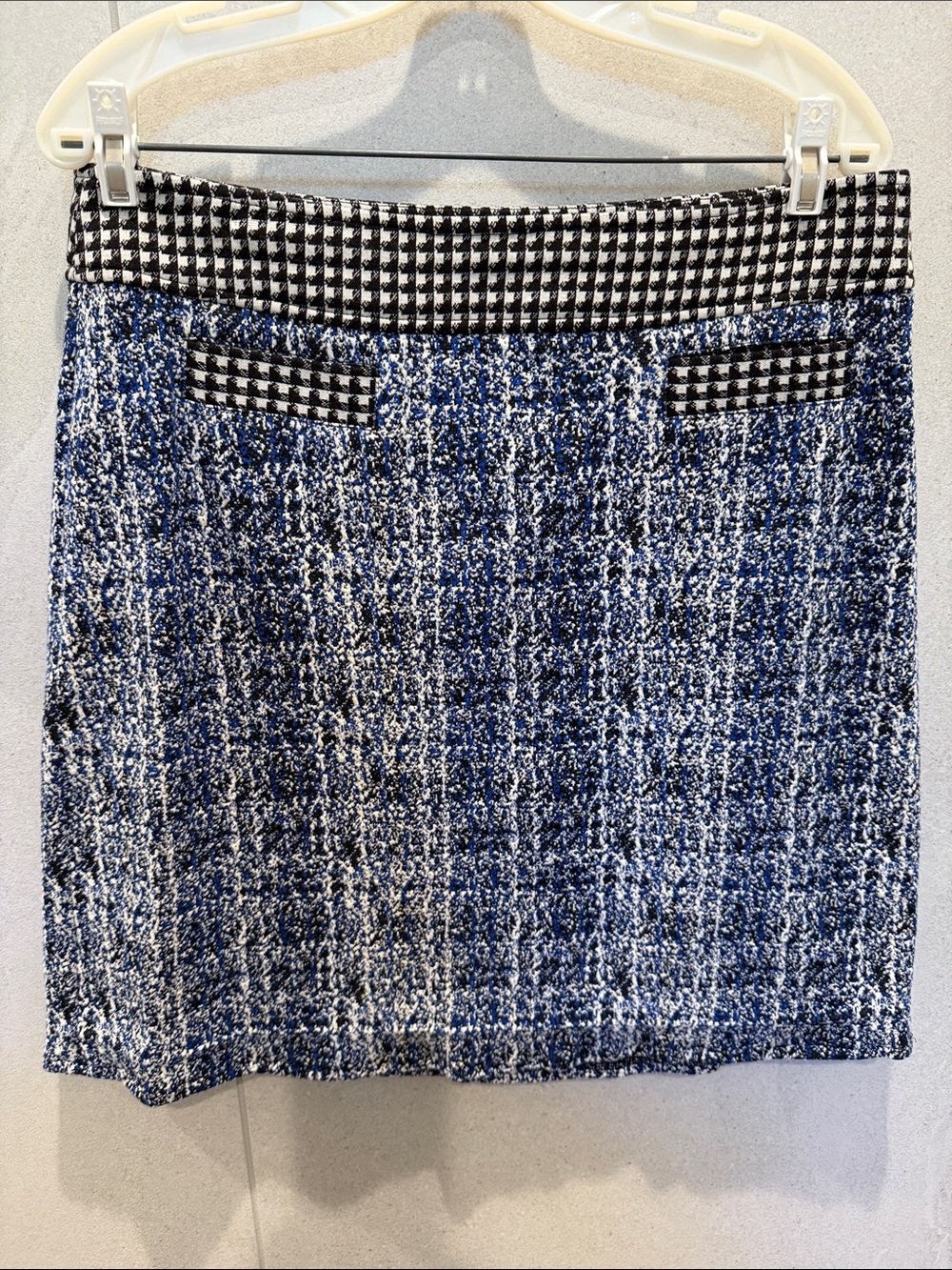 CAbi Blue Tweed Mini Skirt with Black-and-White Houndstooth Trim